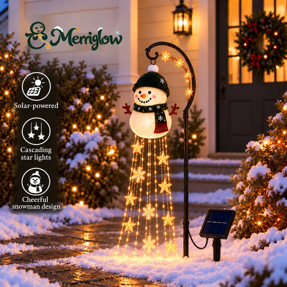 Merriglow snowman light glowing outside a snowy home